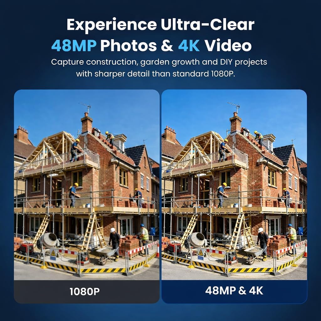 WiFi Fotocamera Time Lapse 4K AVI 1296P MP4 Video, Foto da 48 MP Telecamera Time Lapse, 180 Giorni di Registrazione, Messa a Fuoco Manuale Timelapse Camera per Cantieri, Impianti e Cucine (32 GB)