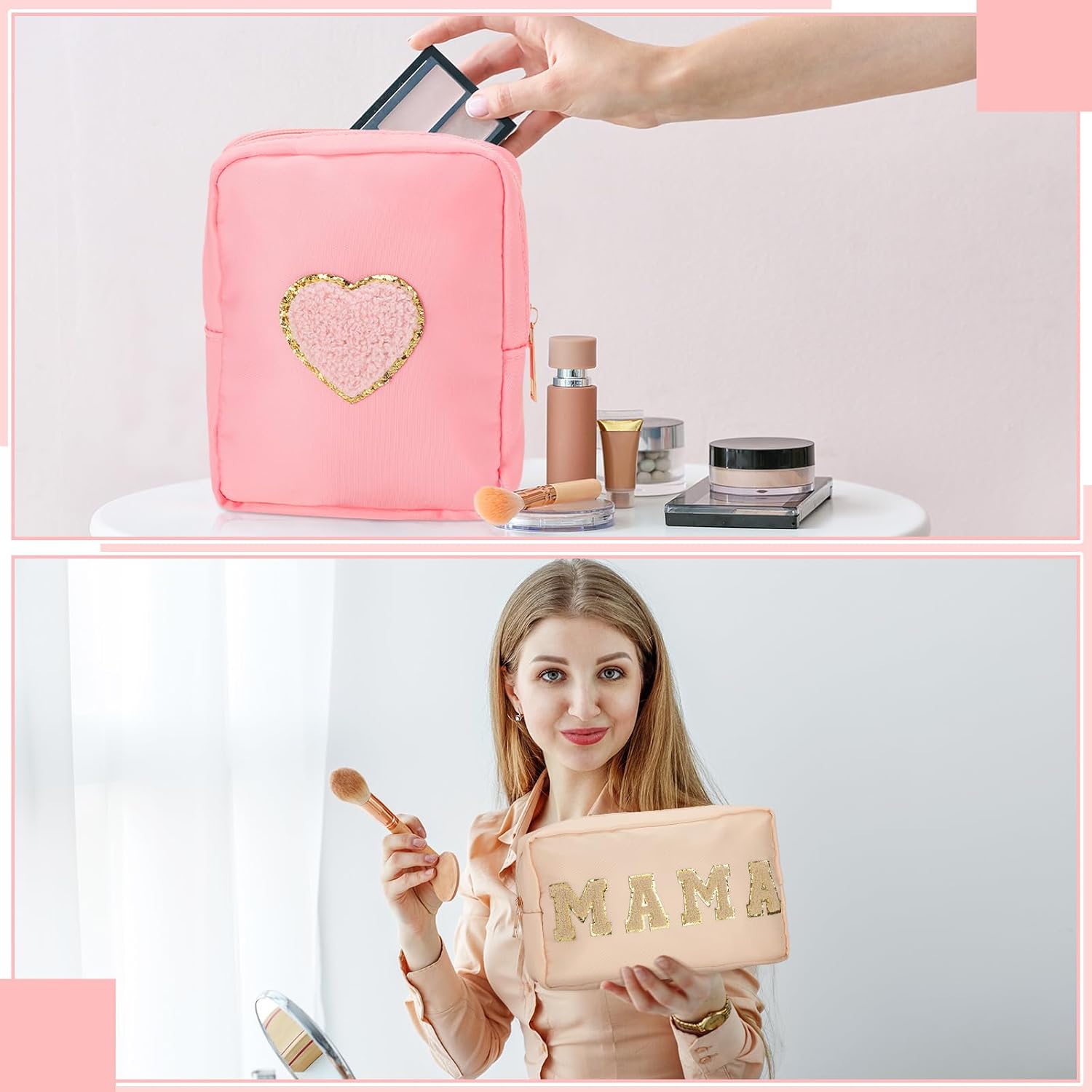 Hoolerry 2 Pcs Mama Gifts Preppy Makeup Bag Mama Chenille Letter Bag Nylon Portable Waterproof Cosmetic Bag Travel Makeup Bag with Zipper Preppy Organizer for Women Birthday Gifts Women Mother