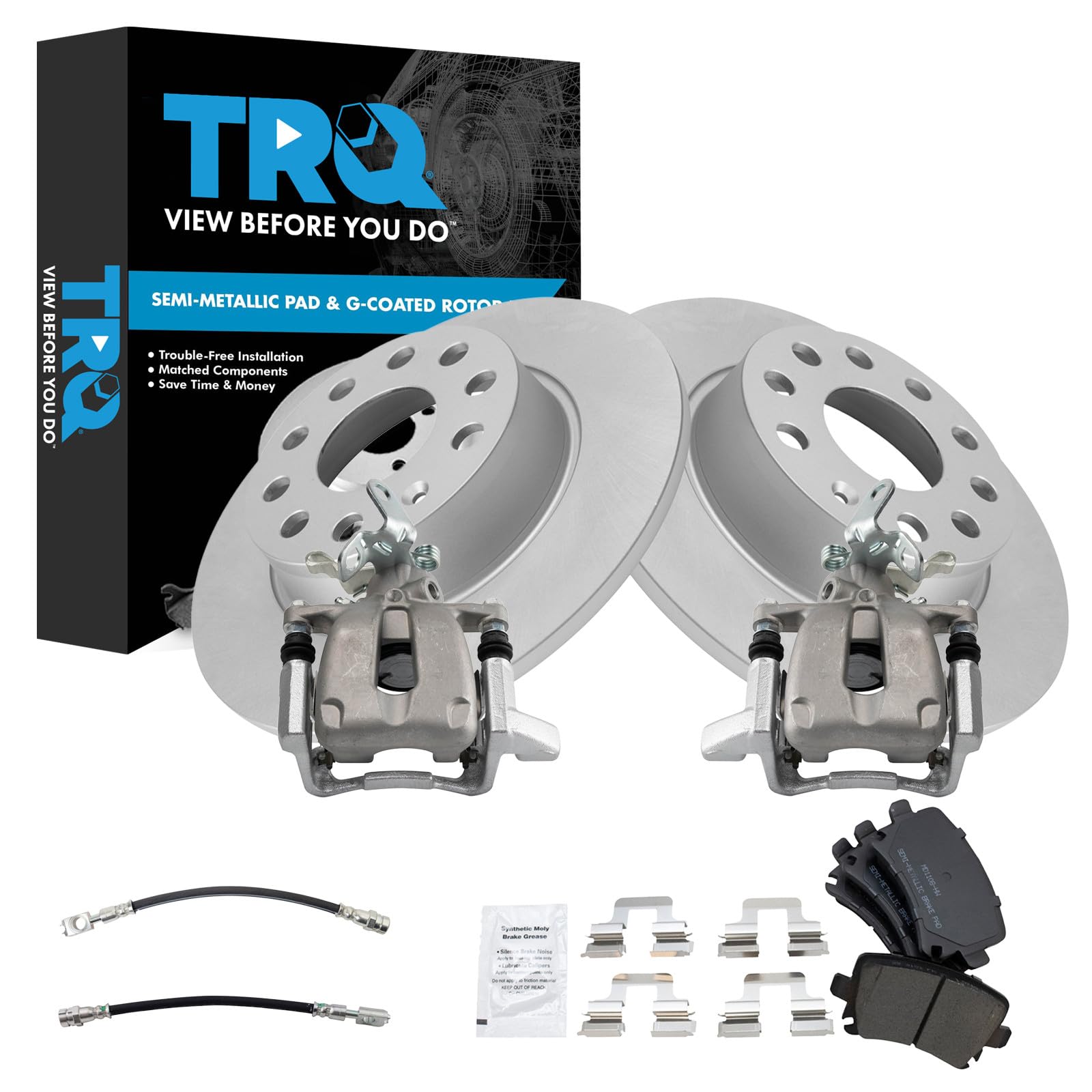 TRQ Rear Brake Pad and Rotor Set Semi Metallic G Coated Rotors Calipers Compatible with 2010 Volkswagen Golf 2010 Jetta