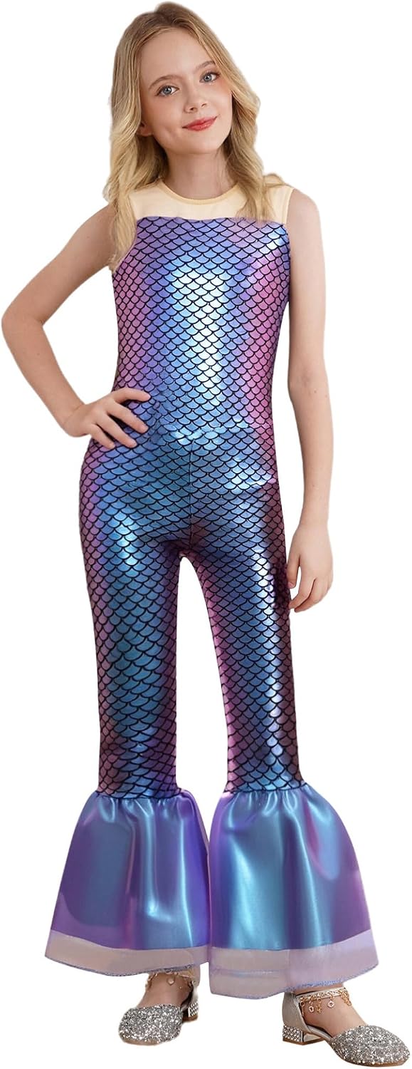 Girls Mermaid Princess Glossy Flared Jumpsuit Dance Stage Show Sleeveless Fish Scale Printed Jumpsuit