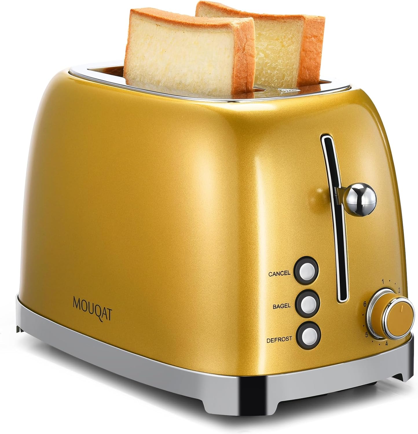 Gold Toaster 2 Slice, Wide Slot Stainless Steel, Mouqat – Best Gift, 6 Shade Settings, Bagel/Cancel/Defrost Functions, Removable Crumb Tray, Different Toast Sizes, Kitchen Essential, Cord Wrap – 825W