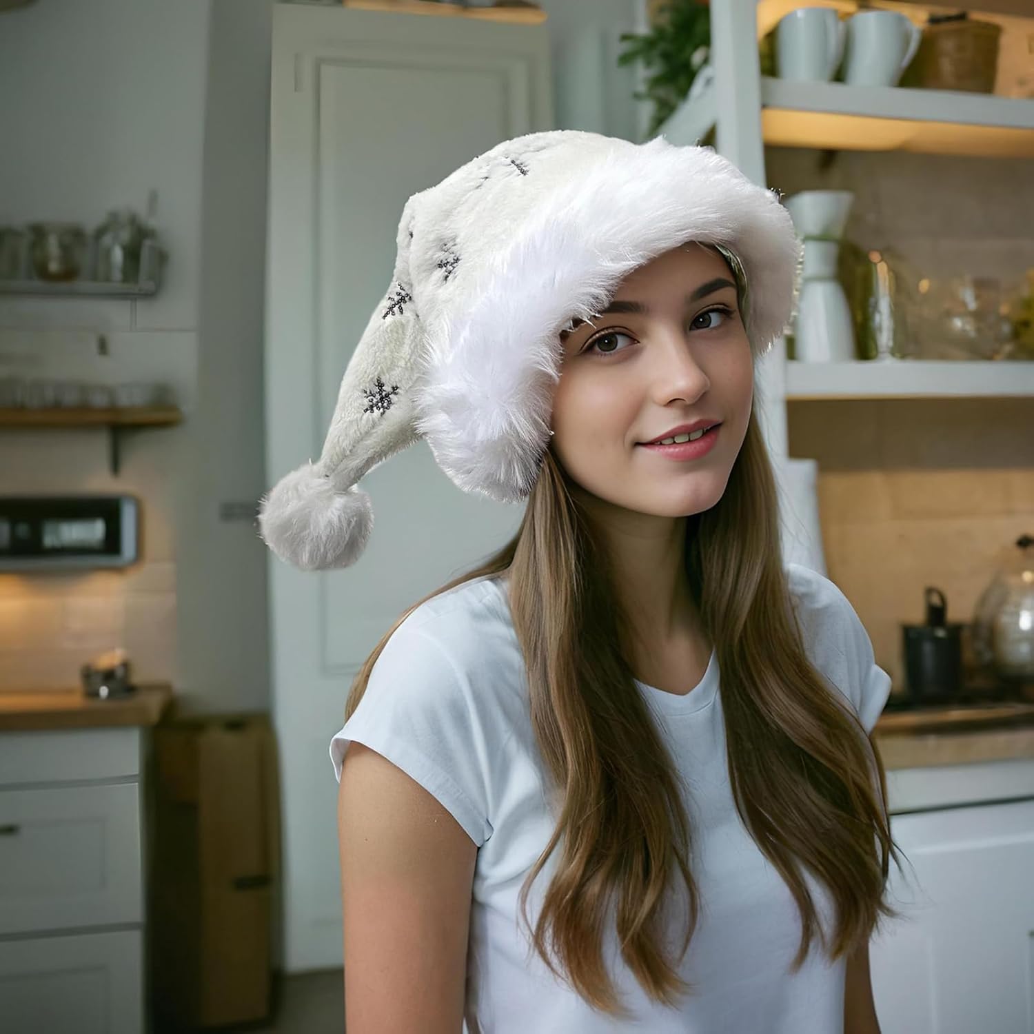 Black Snowflake Sequin Santa Hat White Christmas Hat for Women Men, Soft Plush Velvet Xmas Hats for Adults Santa Claus Hats New Year Costume Party Decorations - Image 5