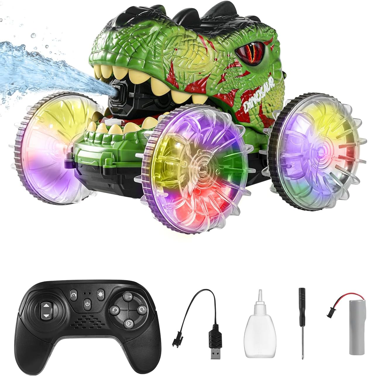 Amphibious Remote Control Monster Truck, 4WD All Terrain Off-Road Dinosaur Truck with Water Gun, 1:18 Scale RC Cars with Lights & Music, 2.4 GHz Waterproof RC Dinosaur Car for Boys 4-7 Gifts