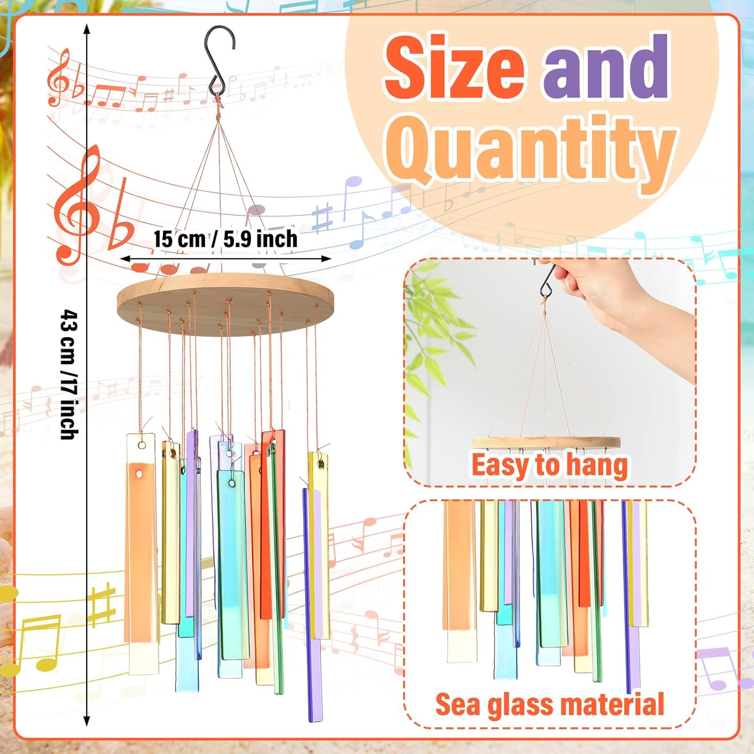 Wenqik 17" Sea Glass Shell Wind Chimes for Outside Handcrafted Gradient Shells Coastal Style Decor Xmas Gifts for Women Wind Chimes Lovers, Beach Patio Decor(Colorful) - Image 2