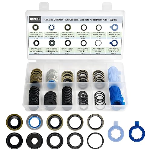 DEEFILL Kit de surtido de juntas de tapón de drenaje de aceite de goma metálica de 100 piezas y 12 tipos para reemplazar 097-021, 097-025, 097-035,