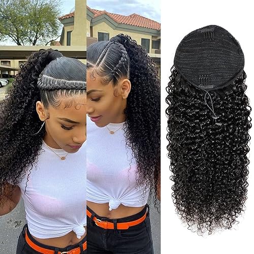 Adette Colas de caballo rizadas de 16 pulgadas, extensiones de cabello humano brasileño rizado con clip en cola de caballo para mujeres negras,