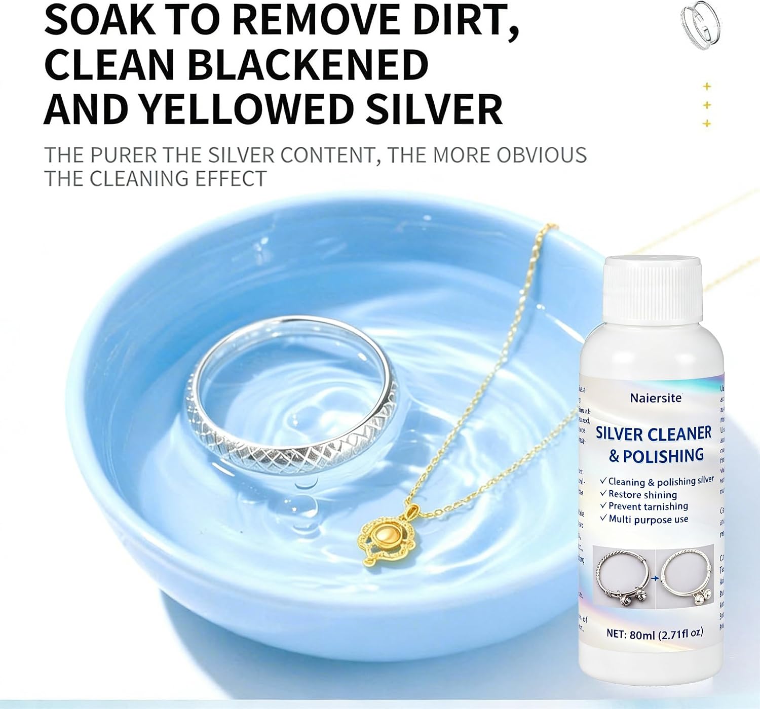 Silver Cleaner & Polishing Agent, Cleaner for Pure Silver, Removes Tarnish & Restores Shine, Fast Dipping Solution for Sterling Silver & Gold, Gentle Anti-Tarnish liquid (80, Milliliters)