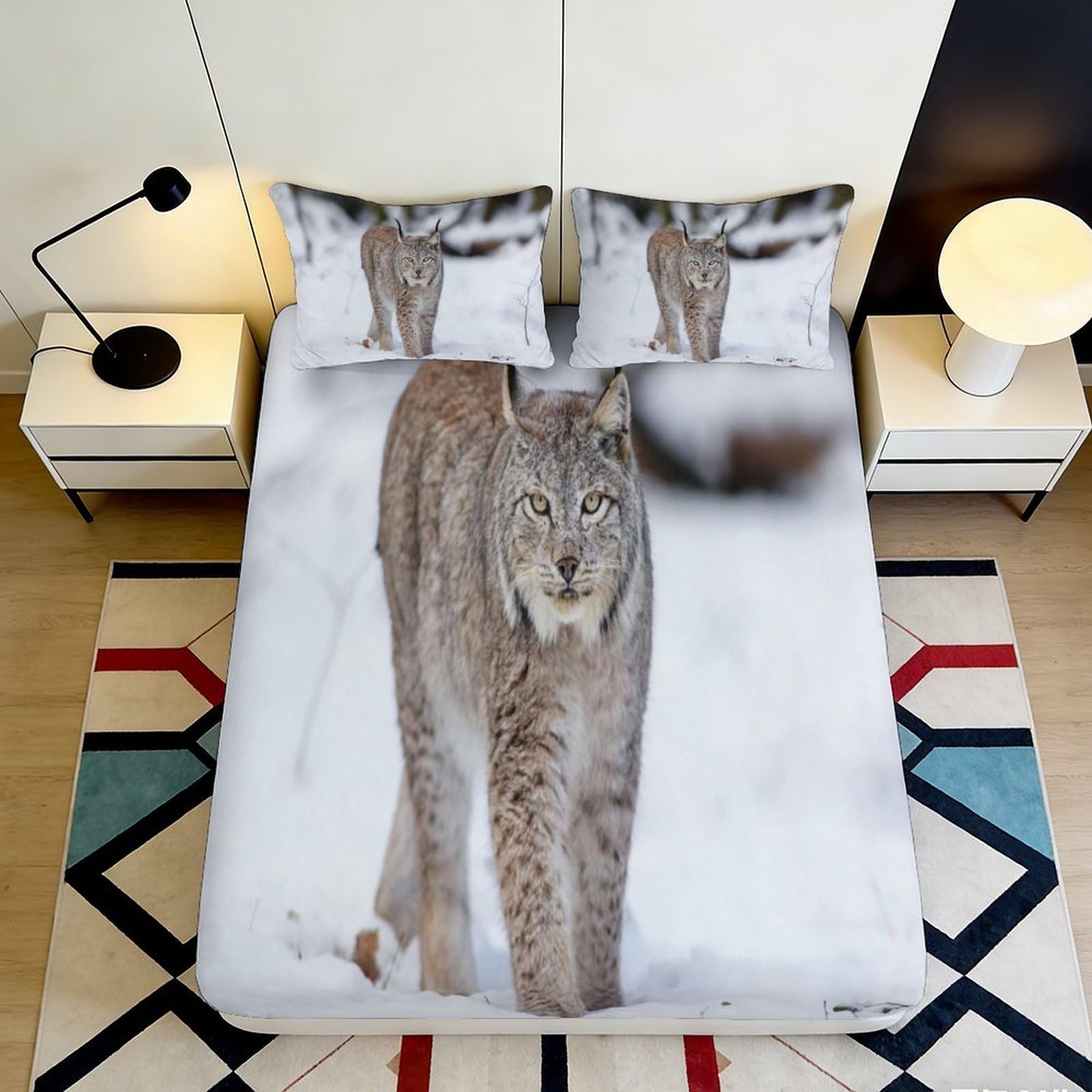3D Printed Lynx Animal Fitted Sheet Microfiber Soft Durable Wild Cat Bed Cover for Bedroom Dormitory Guest Room Mattress Protection Snow Design 180x200x25cm