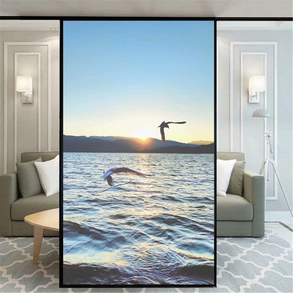 No Glue Decorative Privacy Frosted Window Film Sea and Seagulls Pattern Glass Door Window Covering Window Decals Window Sticker for Home Office 65x180cm(25.6"x70.9")