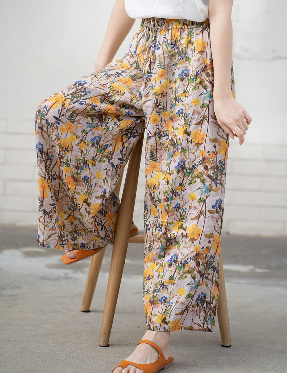 NFYM Women's Casual Summer Wide Leg Elastic Waist Linen Tropical Printed Boho Hippie Palazzo Pants with Drawstring