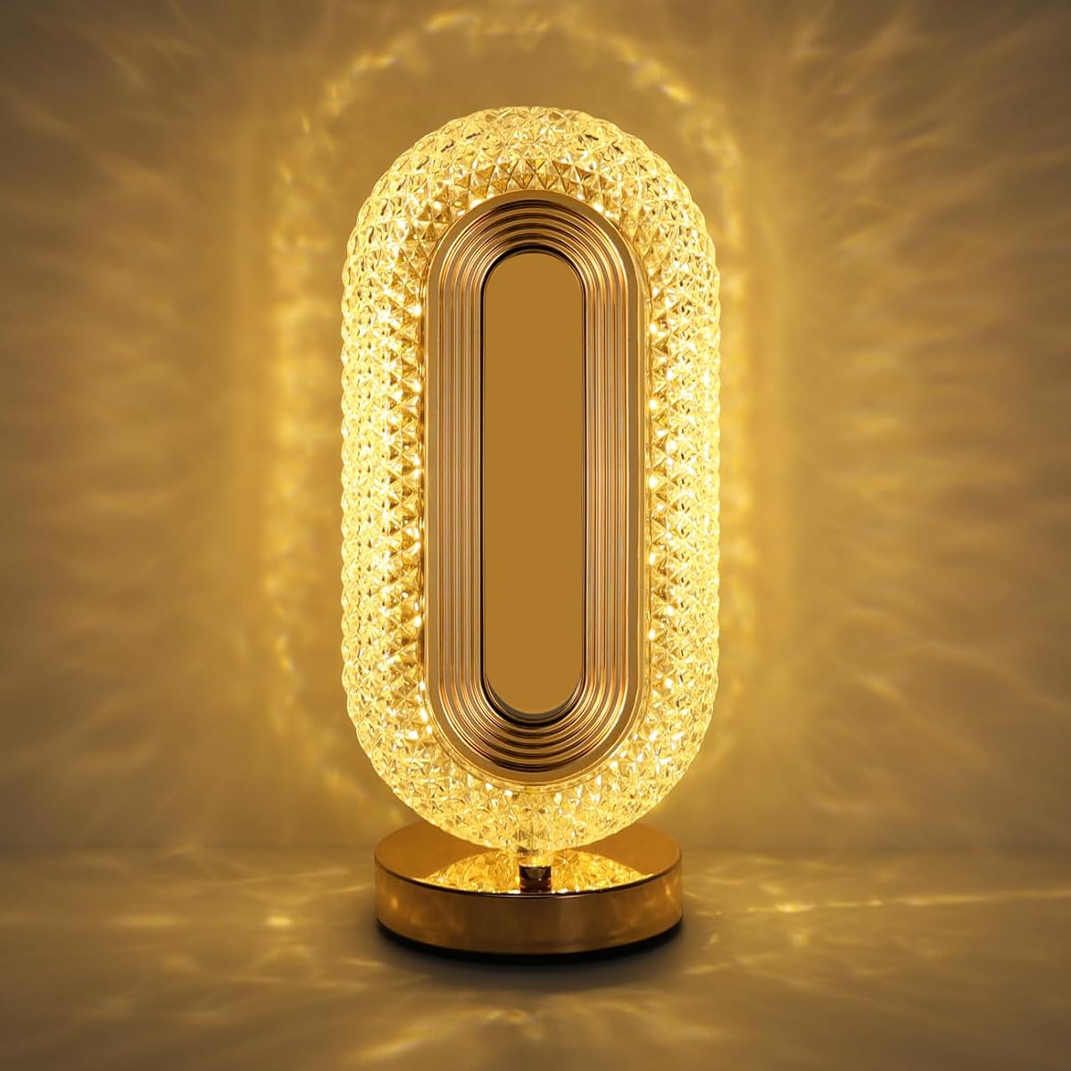 Lewondr Lámpara de mesita de noche para dormitorio, lámpara táctil regulable de 3 vías, dorado | Luz nocturna inalámbrica y recargable con puerto USB, luz ovalada moderna de cristal, lámpara de escritorio para dormitorio, sala de estar y oficina