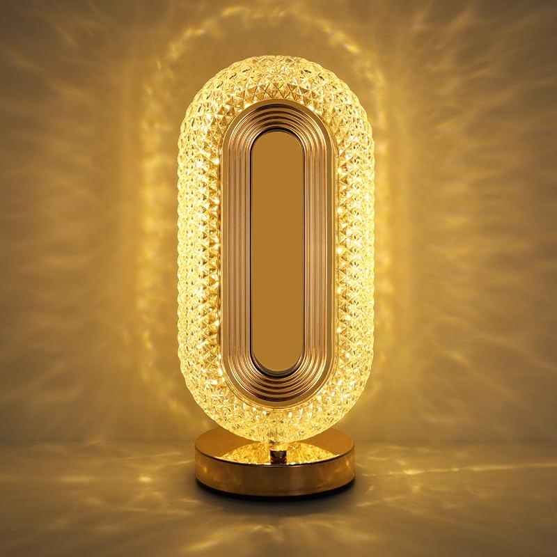 Lewondr Lámpara de mesita de noche para dormitorio, lámpara táctil regulable de 3 vías, dorado | Luz nocturna inalámbrica y recargable con puerto USB, luz ovalada moderna de cristal, lámpara de escritorio para dormitorio, sala de estar y oficina