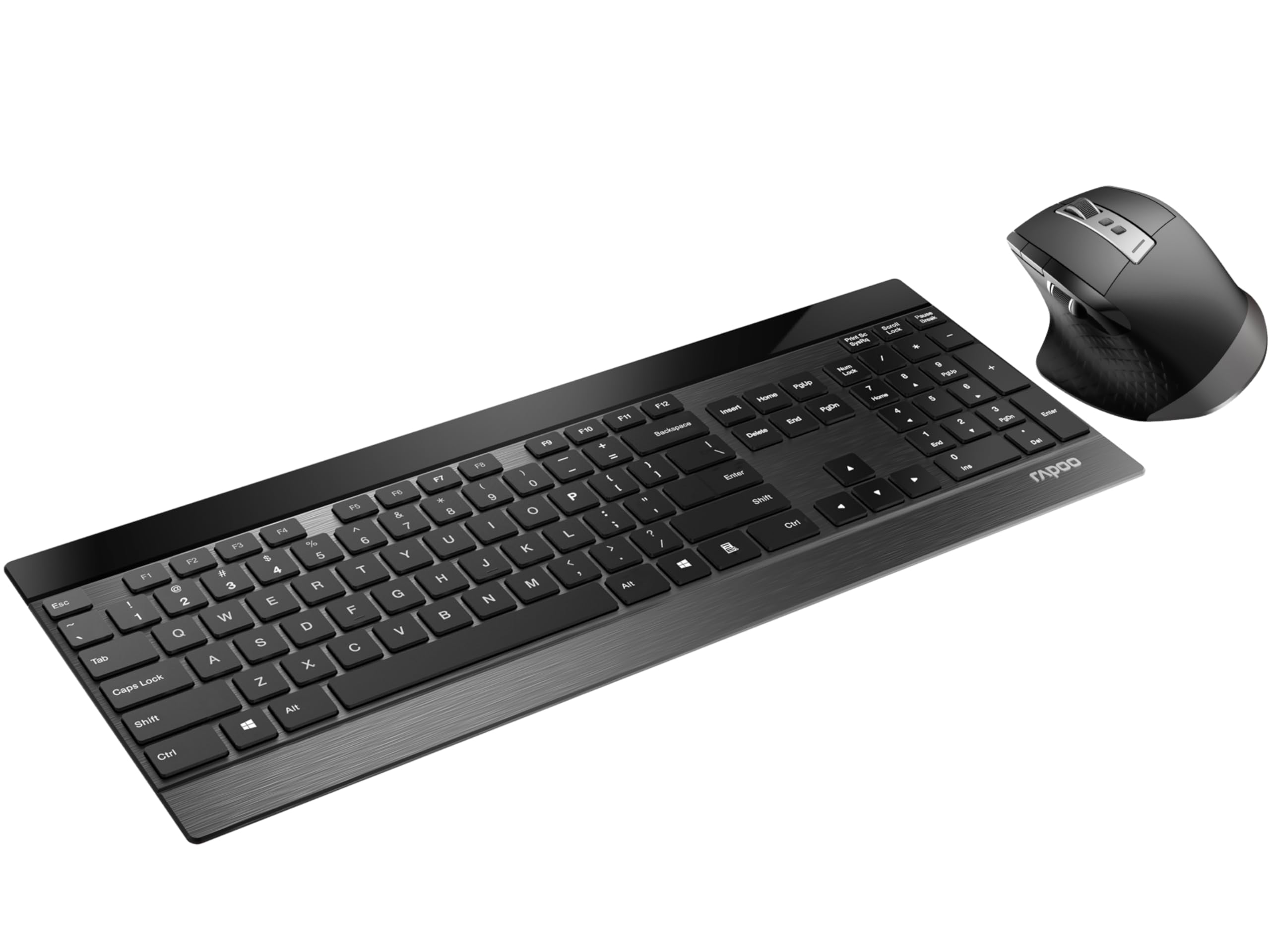 Rapoo 9900M kabelloses Tastatur-Maus Set Wireless Deskset 3200 DPI Sensor wiederaufladbarer Akku flaches Aluminium Design DE-Layout QWERTZ PC & Mac - schwarz