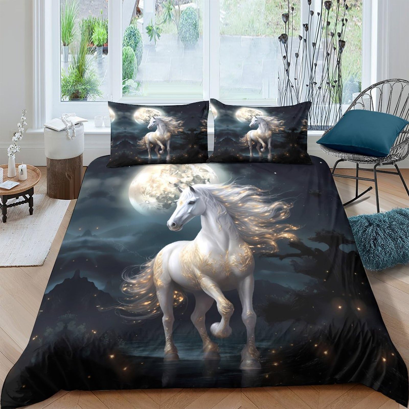 Ctjqhvkz Style-2 3D Printed Moonlight Unicorn Fitted Sheet Microfiber Soft Dark Fantasy Horse Bed Cover For Bedroom Guest Room Decor Single（135X200cm）