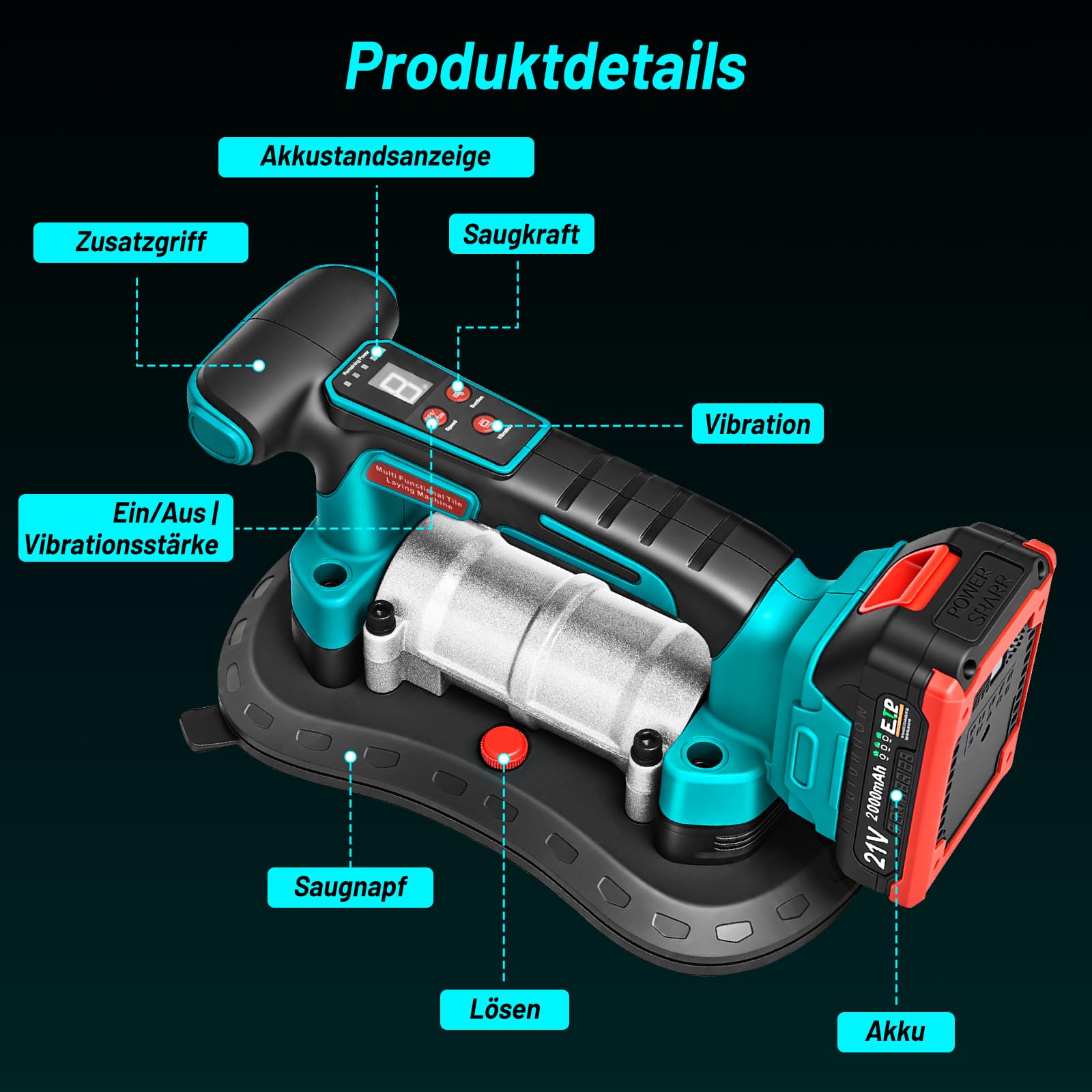 Yofuly 2 IN 1 Fliesenrüttler & Saugheber Kompatibel mit Makita 18V Akku, 260mm Saugnapf 200KG Adsorption | 9 Stufige Einstellung, Fliesen Vbrationsgerät mit 2×2.0Ah Akku für 0.3-2m Fliesen