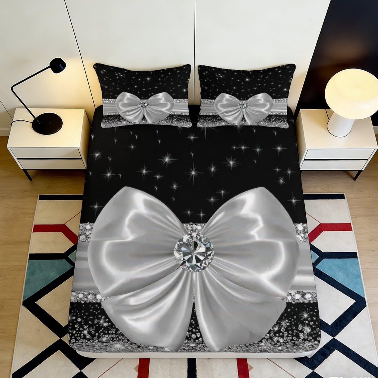 3D Printed Bow Star Fitted Sheet Microfiber Deep Pocket Bedroom Bedding Bow Mattress Fitted Cover Elastic Wrap Washable 200x200x25cm