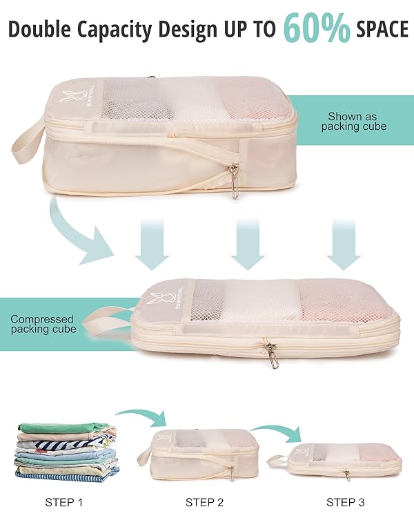 6 Set Compression Packing Cubes for Travel, Bunnychill Portable Zipper Packing Cube for Cloting, Expandable Space Saver Storage Luggage Organizer Bags for Suitcases(Beige) by Bunnychill - Image 3