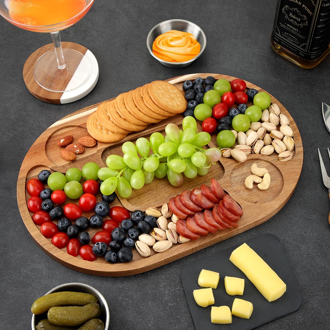 WLWNWFT Planche de service en bois d'acacia avec ardoise 36 x 24 cm pour fromage, viande, apéritif