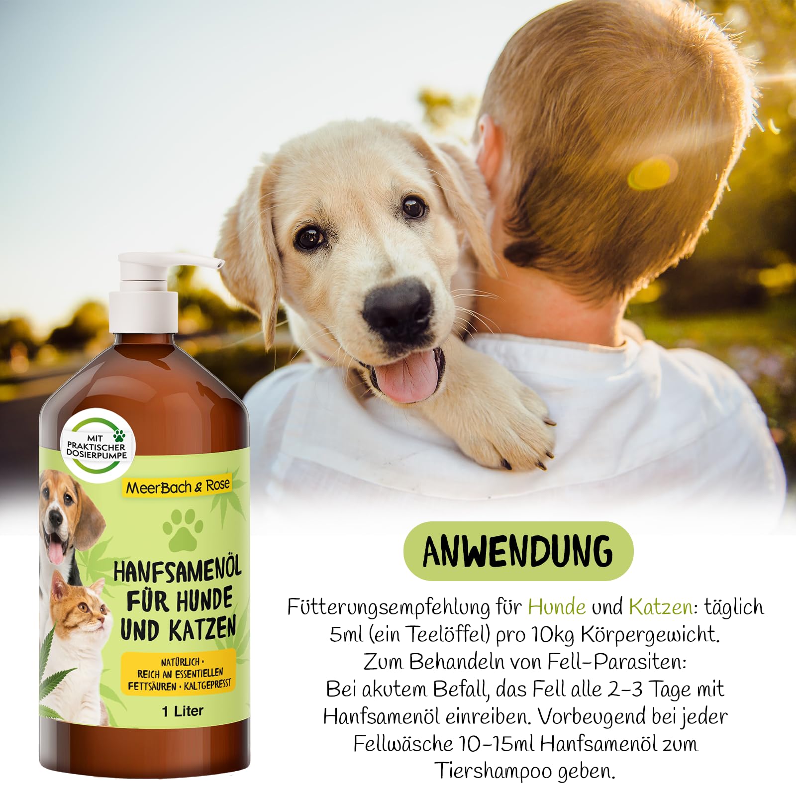 1 Liter Hanfsamenöl für Tiere, Hanfsamenöl für Hunde und Katzen, Barf Öl Hund, Fischöl für Hunde, Naturprodukt
