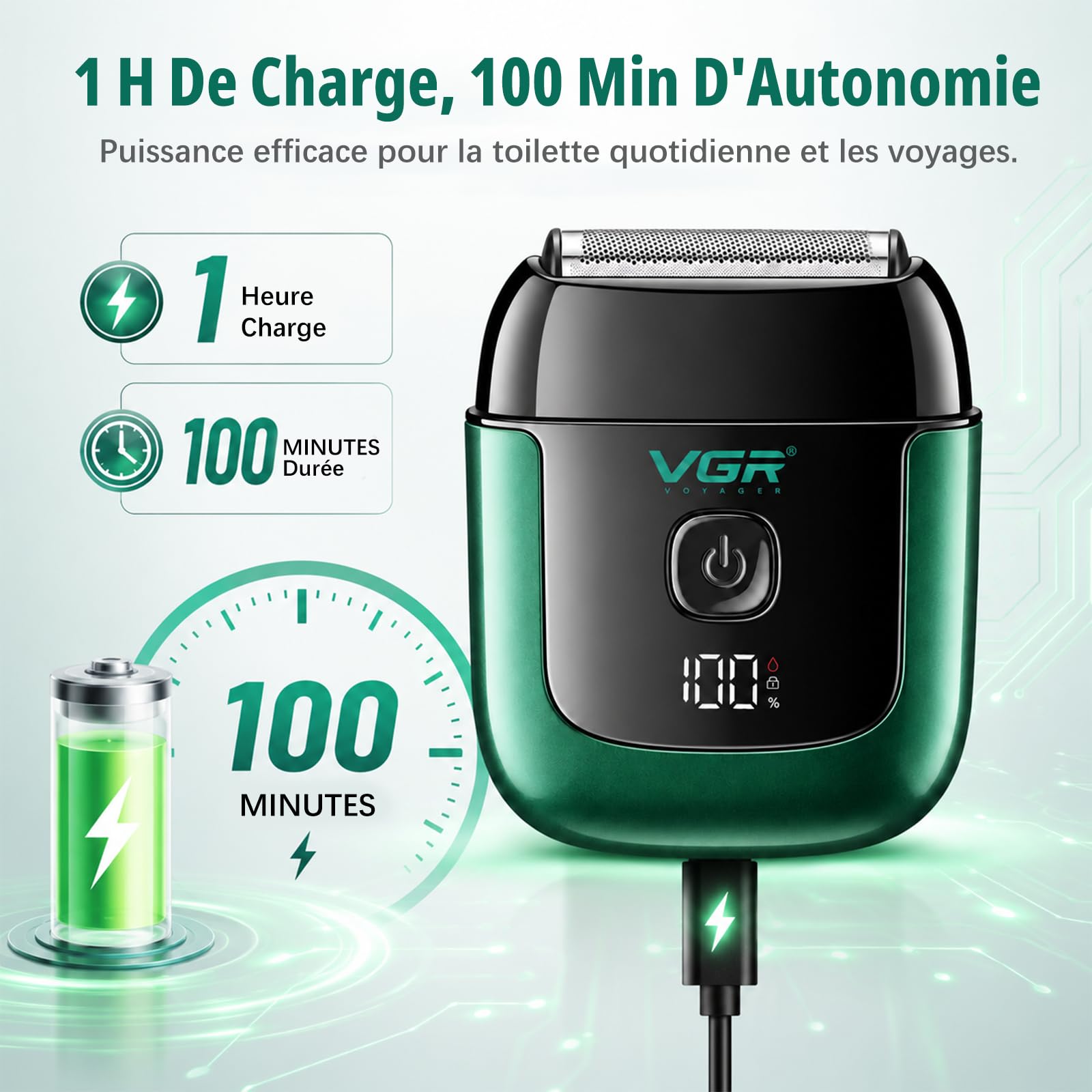 VGR 380 Mini Rasoir Electrique Avec Cadenas De Voyage, Étanche IPX6, Vert