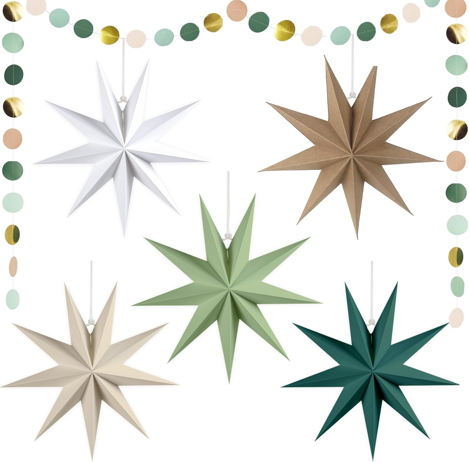 12 Pack 9-Pointed Large 3D Paper Star Lanterns with Star Garland Hanging Lanterns Lampshade for Themed Party, Home Wedding, Birthday Decorations (White)