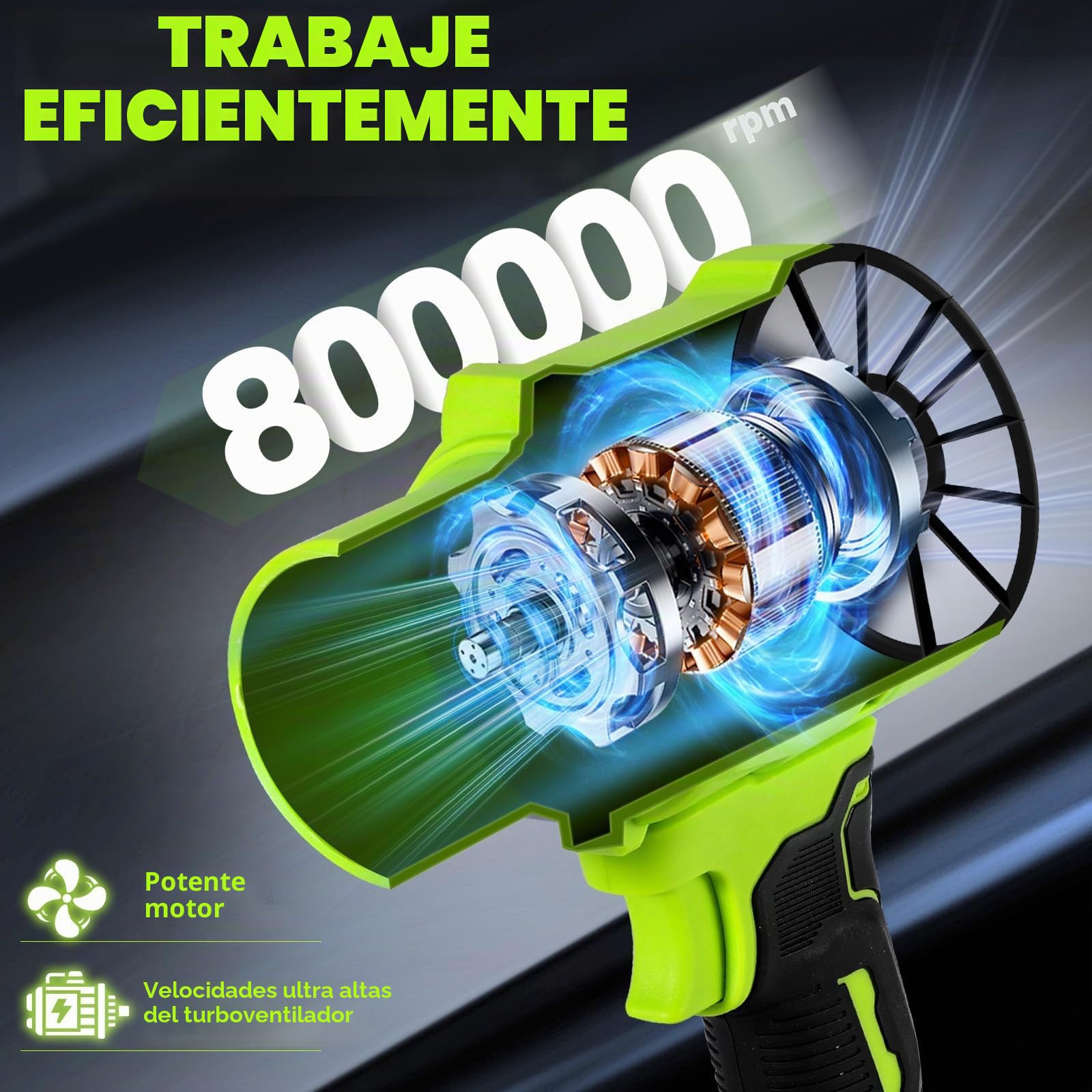 Soplador de Hojas, Soplador Turbo Jet, Soplador de Aire Potente con 2 Baterías 800000 RPM, Ideal para Jardín, Coche, Patio, Nieve y Camping, Verde