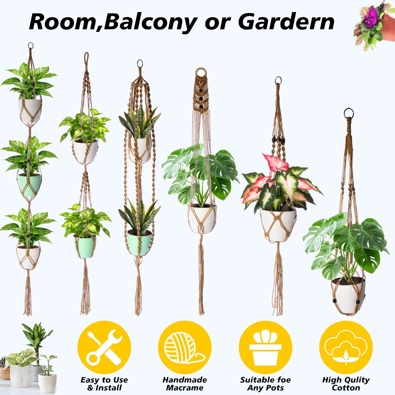 SATINIOR Lot de 12 cintres en macramé faits à la main pour pots de fleurs d'intérieur et d'extérieur - 12 designs différents à étages - Style élégant