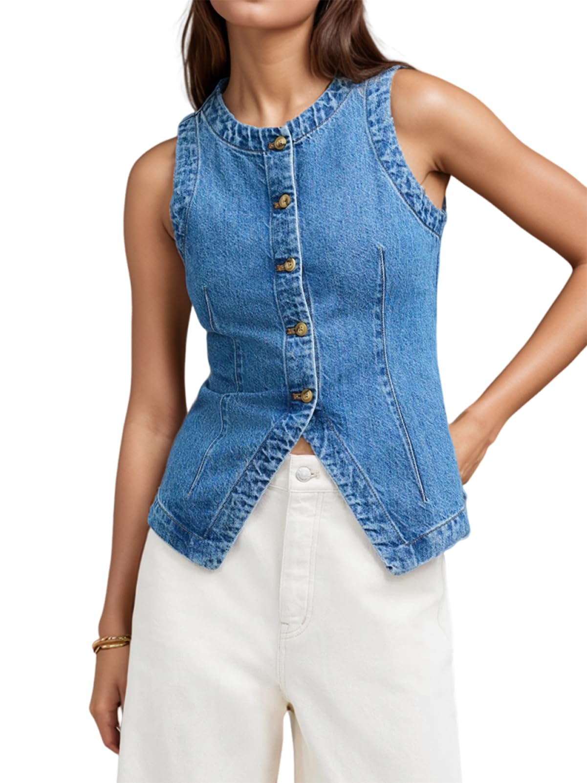 Women Denim Crop Vest Tops Jean Button Down Tank Top Summer Trendy Sleeveless Casual Waistcoat