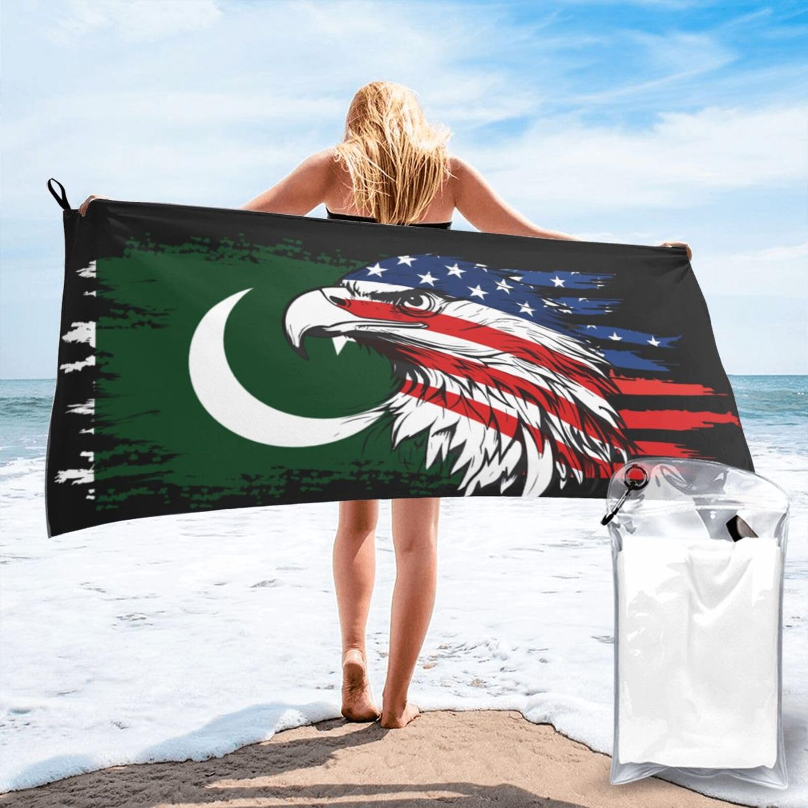 HACXZ America Flag and Pakistan Pakistani Flag Microfiber Beach Towel Lightweight Absorbent Travel Pool for Men Women 31.5"X63"