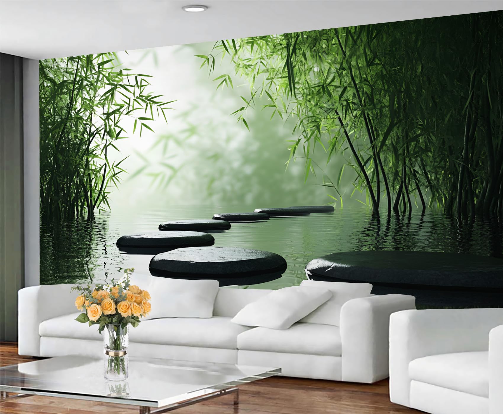 GIVLWF Zen Stone Wallpaper, Bamboo Theme Peel and Stick Wallpaper for Bedroom, Meditation Spa Wall Paper for Living Room, Japanese Wall Mural, Natural Landscape Large Mural & Room Decor