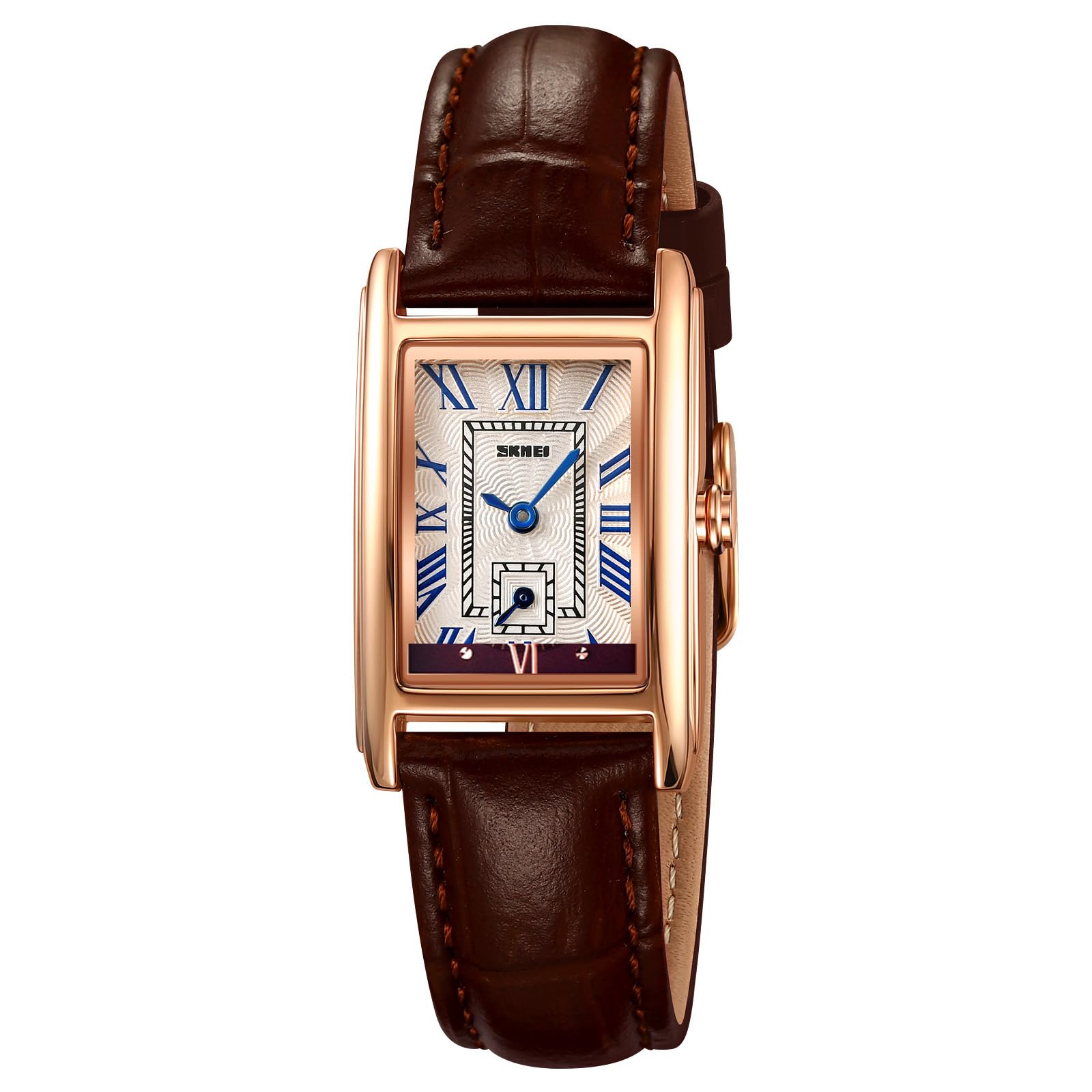 CARLIENWomen Quartz Watch Lady Stylish Rectangle Dress Watch with Leather Strap and Blue Crystal Crown
