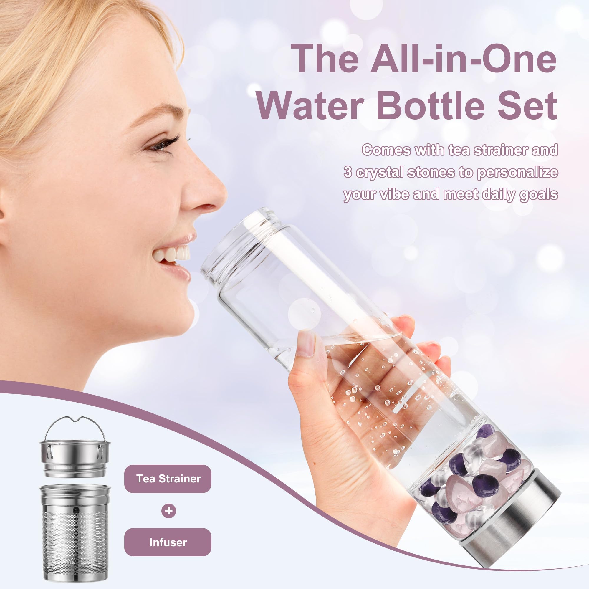 500 ml Kristall-Wasserflasche, auslaufsicher, herausnehmbares Sieb | Borosilikatglas, mit Amethyst- und Rosenquarz-Steinen, wiederverwendbares Kristall-Teesieb, Geschenkidee für Teeliebhaber