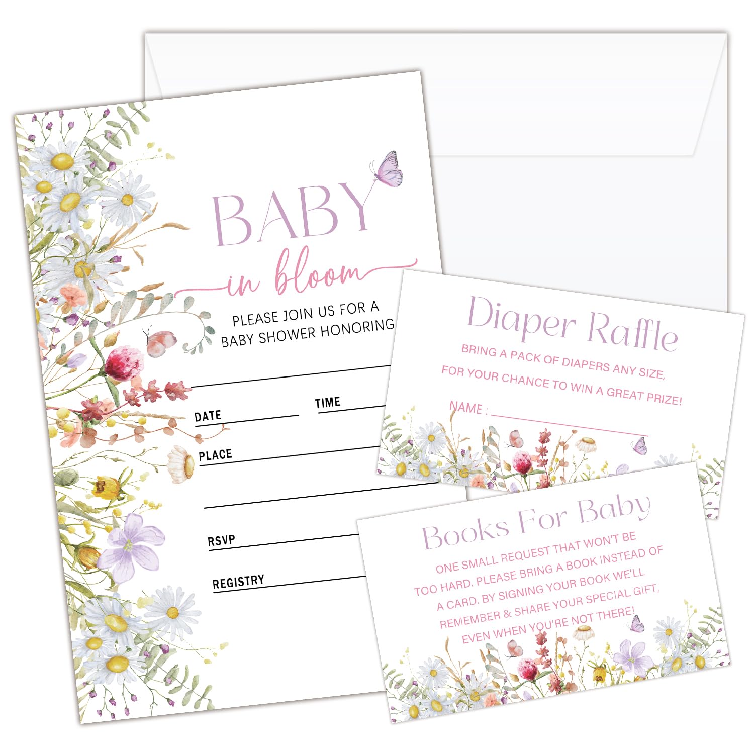 HQLOW Butterfly Baby in Bloom 25 Baby Shower Invitations with Envelopes, Diaper Raffle Cards, Book Cards for Gender Reveal Party -02