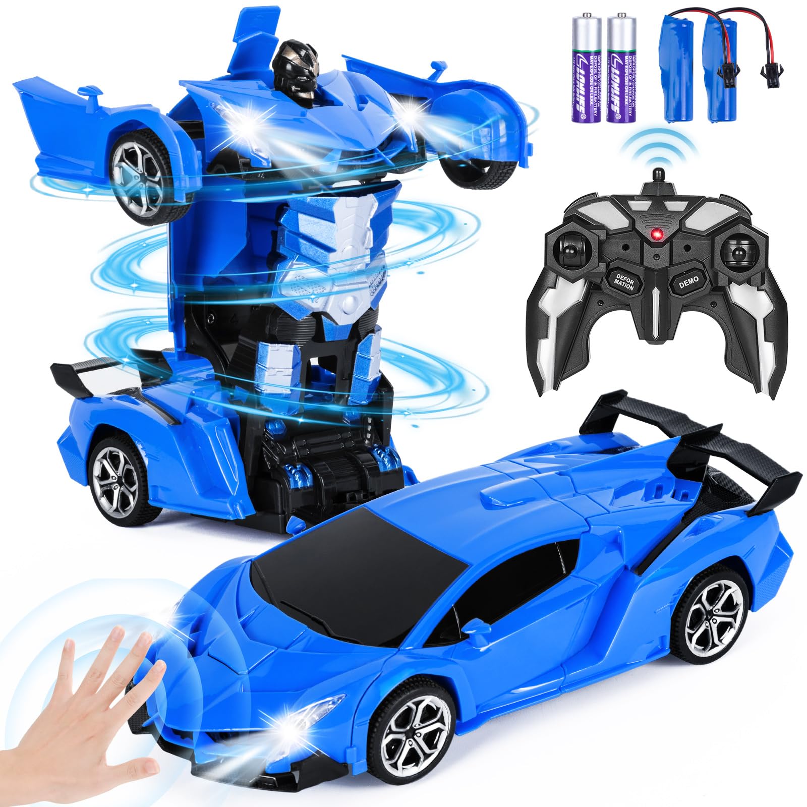 Highttoy Remote Control Robot Car with Hand Gesture Sensing, Lights & Music, 2.4GHz 360 Rotation 1:18 Transforming RC Car Robot Toys for 3 4 5 6 7 8 Year Old Boys Gifts, Blue