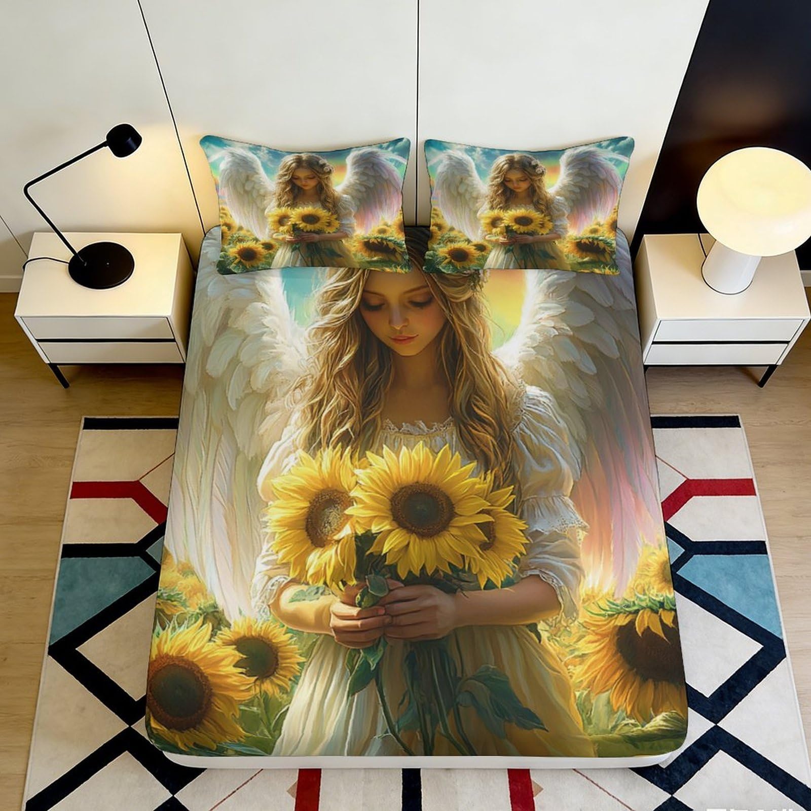 Pnayamiorkfel Style-10 3D Printed Angel Sunflower Fitted Sheet Microfiber Non-Slip Bed Cover Artistic Yellow White For Bedroom Guest Room 90X200x25cm