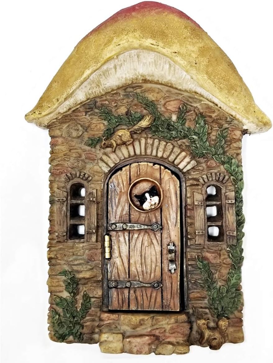 Fairy Garden Door That Opens Mushroom Design with Cat and Squirrel for Miniature Fairy Gardens, Tree Stump, Kids Rooms