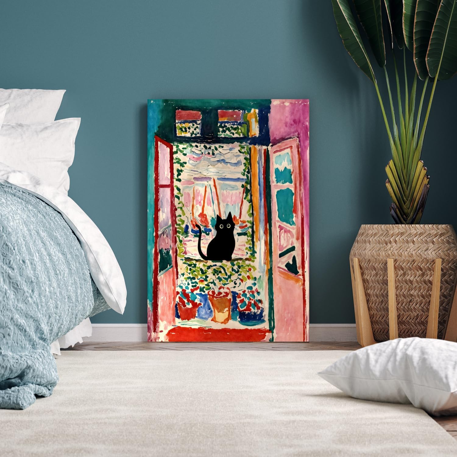 FASWQ Whimsical Black Cat Wall Art, Van Gogh Matisse Picasso Wall Decor, Funny Bathroom Canvas Paintings, Cute Animal Aesthetic Pictures for Living Room Kids' Room Framed Ready to Hang Set of 3, Each 16x24 Inch