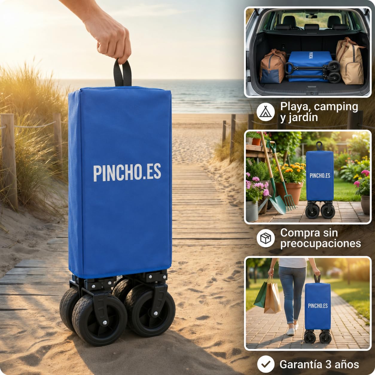 Carro Playa Plegable - PINCHO - Carrito De Playa Plegable, Carro Transporte Plegable con Asa Telescópica, Carretilla Plegable con Ruedas y Frenos - 4 Ruedas, Carga 55 kg, Plegado Compacto, Bolsillo