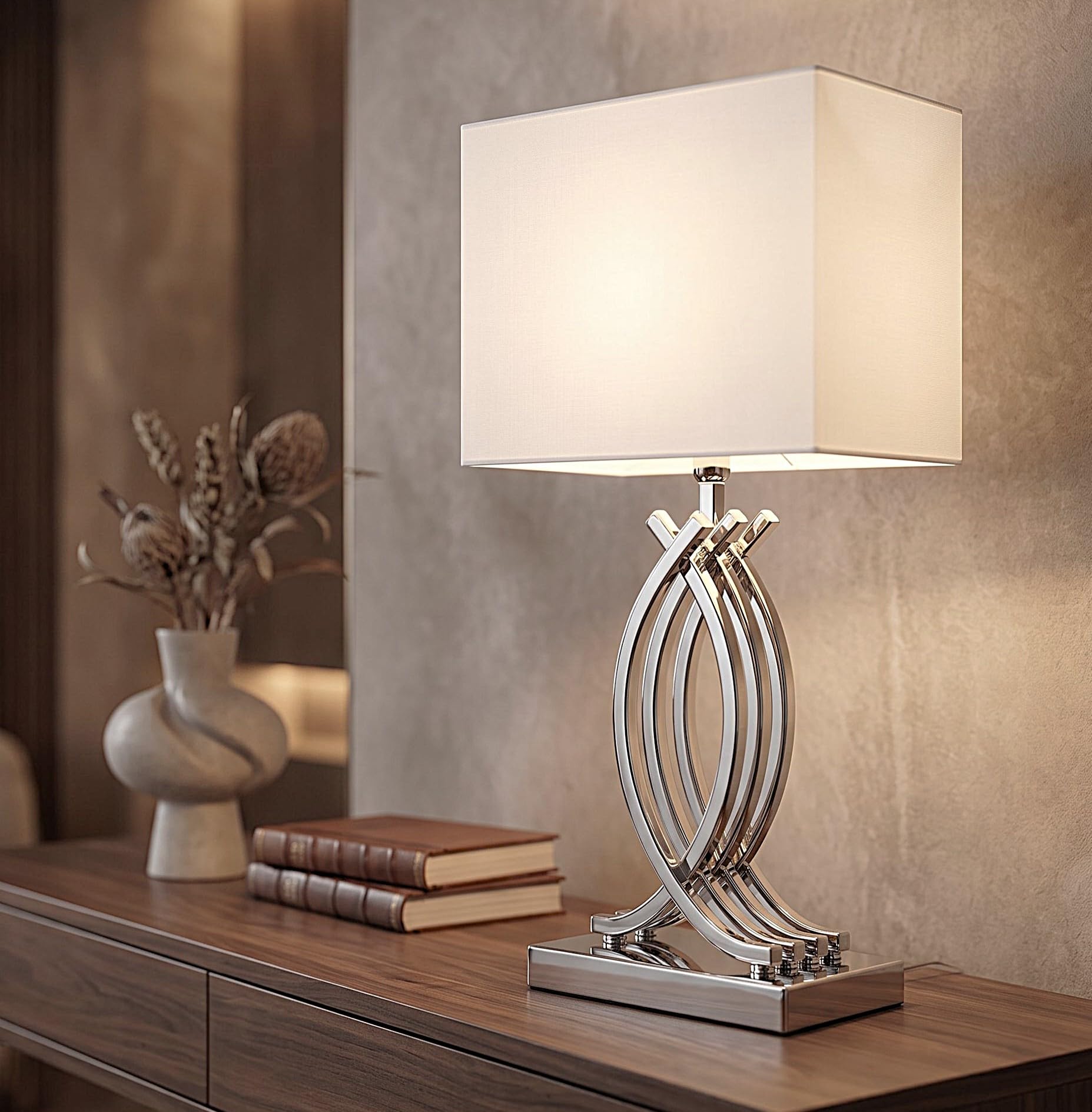 Arnusa Design Tischlampe Chrom Silber Nachttischlampe 50 x 22 cm mit weißen eckigen Schirm Tischleuchte silberfarben E27