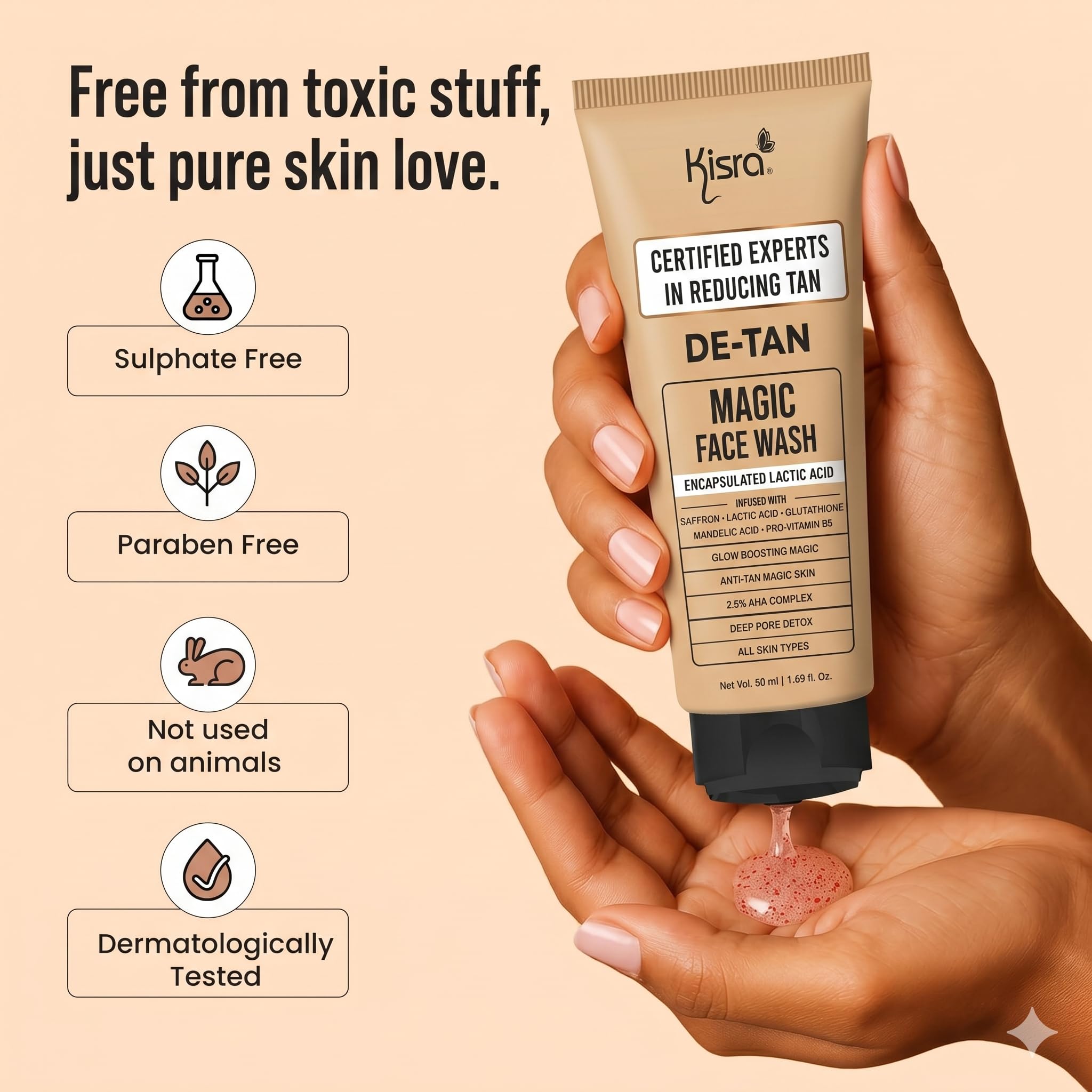 magic face wash saffron glutathione vit b5 lactic acid Kisra De-Tan with Saffron, & Pro-Vitamin | Deep Pore Detox Cleanser for Tan Removal & Fresh Radiance | For All Skin Types Kisra De-Tan Magic Face Wash