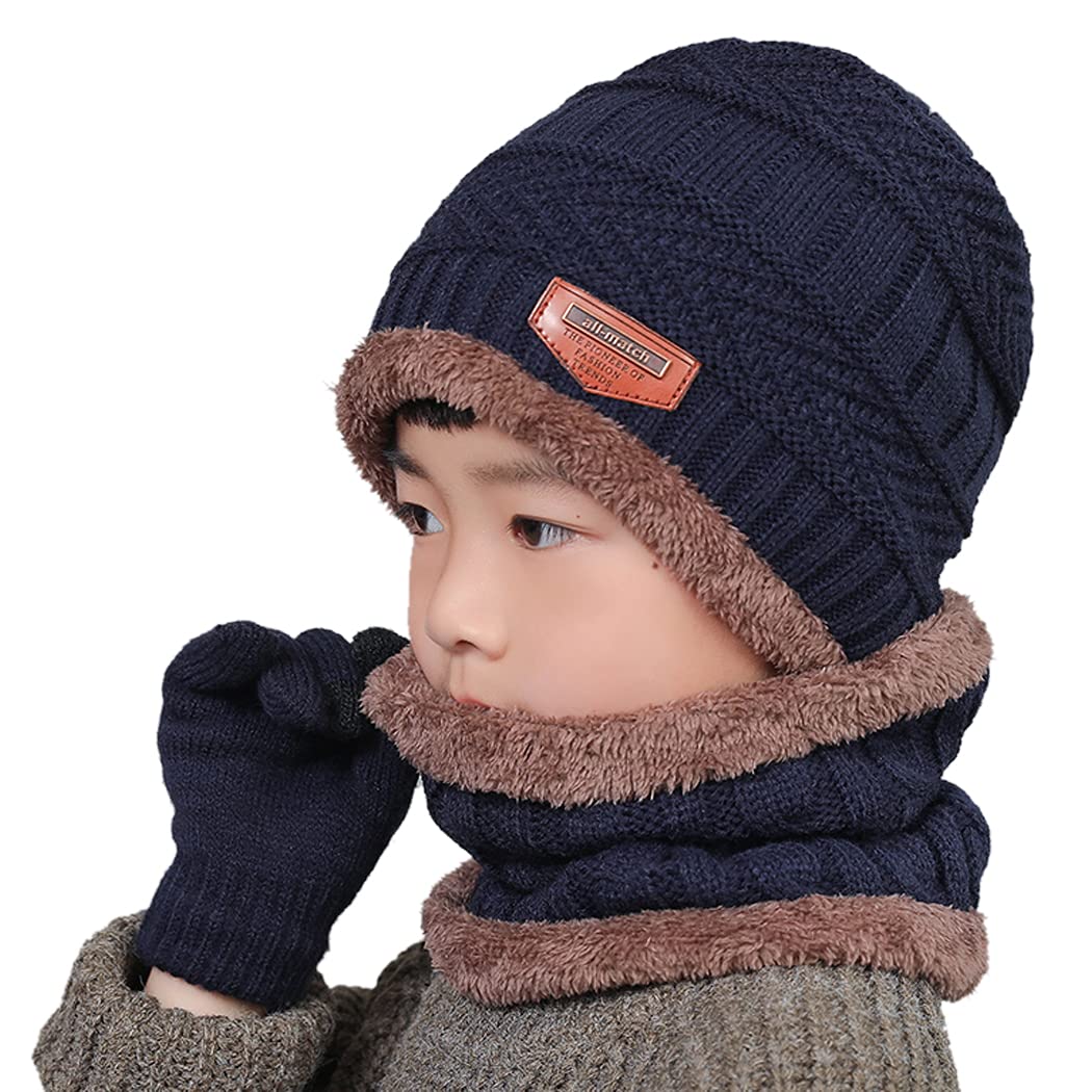DANMY Boys Beanie Hat,Fleece Lined Hat Scarves Gloves for Toddler Boy Girls Children, Winter Warm Knit Cap for Little Kids