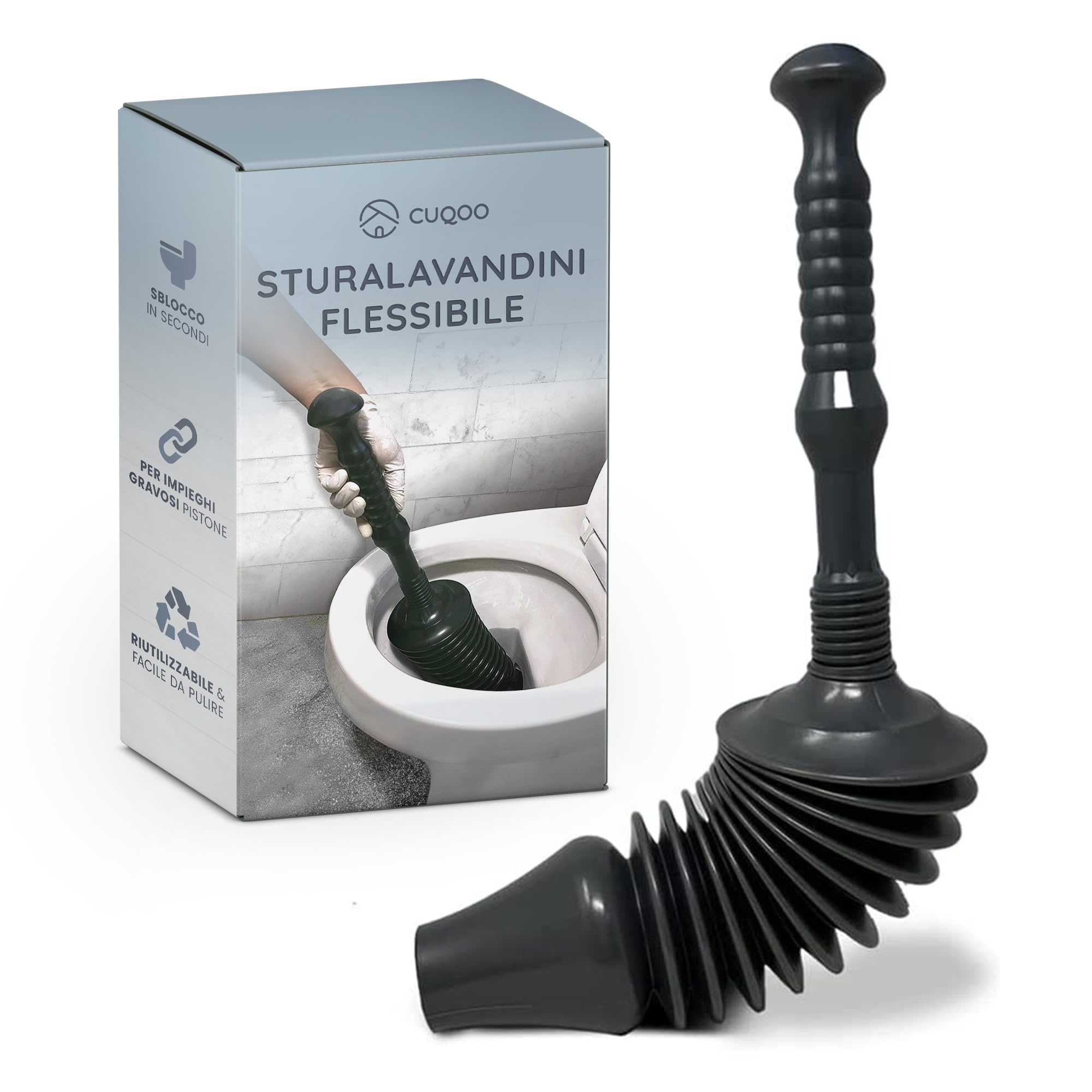 CUQOO Pulitore flessibile e resistente per WC con testa, senza sforzo e potente, per bagno, cucina, lavandini, vasche da bagno e docce, in stile commerciale (piccolo)