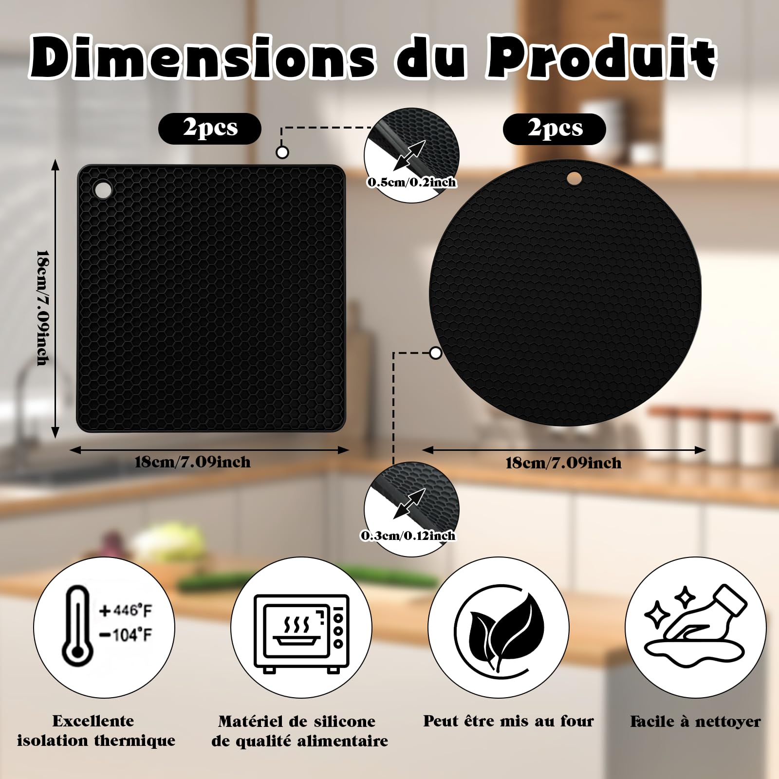 Scettar 4 Pcs Dessous de Plat en Silicone(2 Circulaire+2 Rectangulaire), sous Plat de Table Chaud(Noir), pour Casseroles et Poêles Chaudes, Multi-Usages