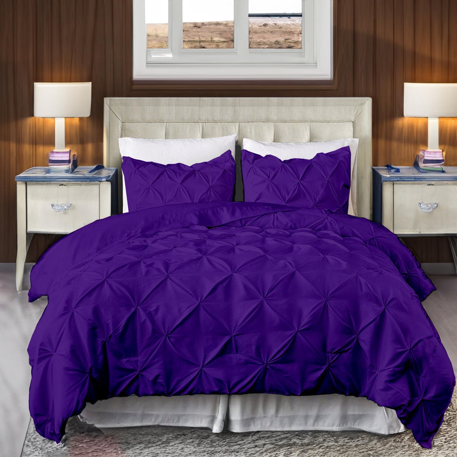 EASYCOT 800TC Diamond Pintuck Duvet Cover Set Egyptian Cotton 5 Piece Duvet Cover Set Pinch Pleat Comfortable Hotel Quality Bedding set - Purple,Super King Size