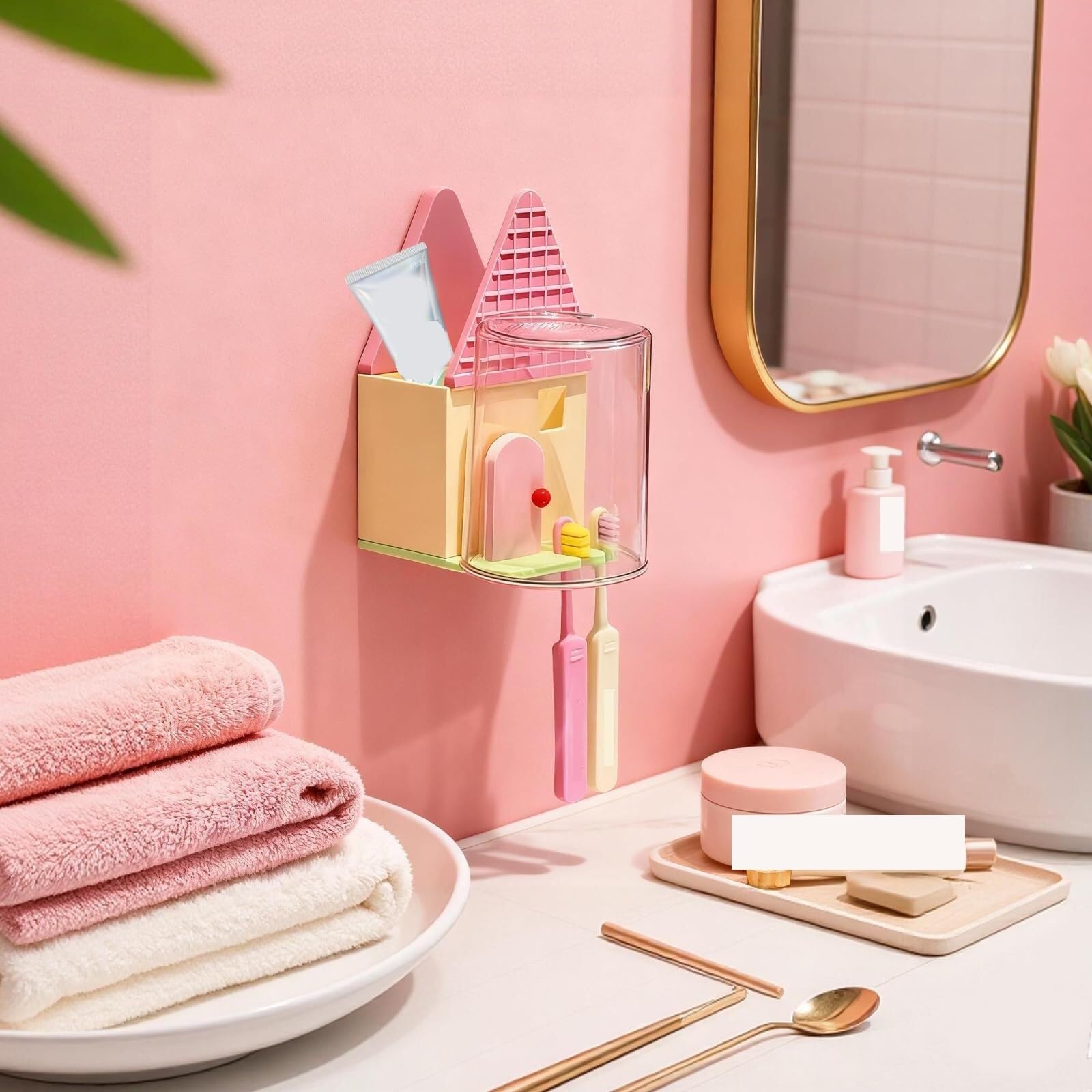 Porta Cepillos De Dientes Hotel Tenedor Montado En La Pared del Cepillo De Dientes Forma Casa con Taza Ningún Organizador Cuarto Baño Taladro Accesorios Baño(Yellow)