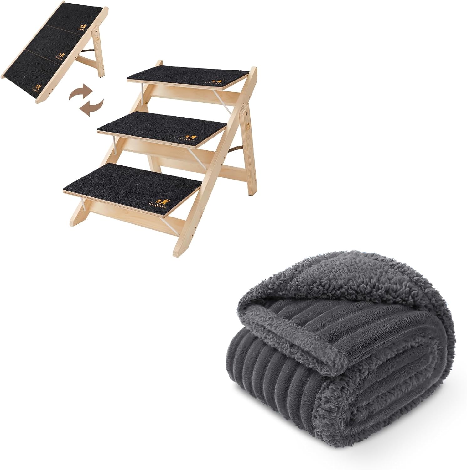 Luciphia 2-in-1 Foldable Wooden Dog Stairs & Waterproof Blanket, 3-Steps Pet Steps for Bed Couch Car Anti-Slip for Small to Large Pets up to 220lbs Includes Ultra-Soft Flannel Throw for Furniture Prot