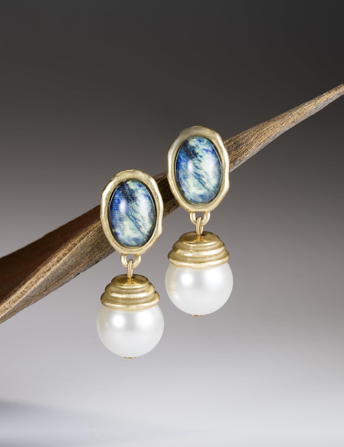 Pearl Tiger Eye Drop Earrings Gold Plated Hypoallergenic Vintage Boho Statement Jewelry for Women - Image 2