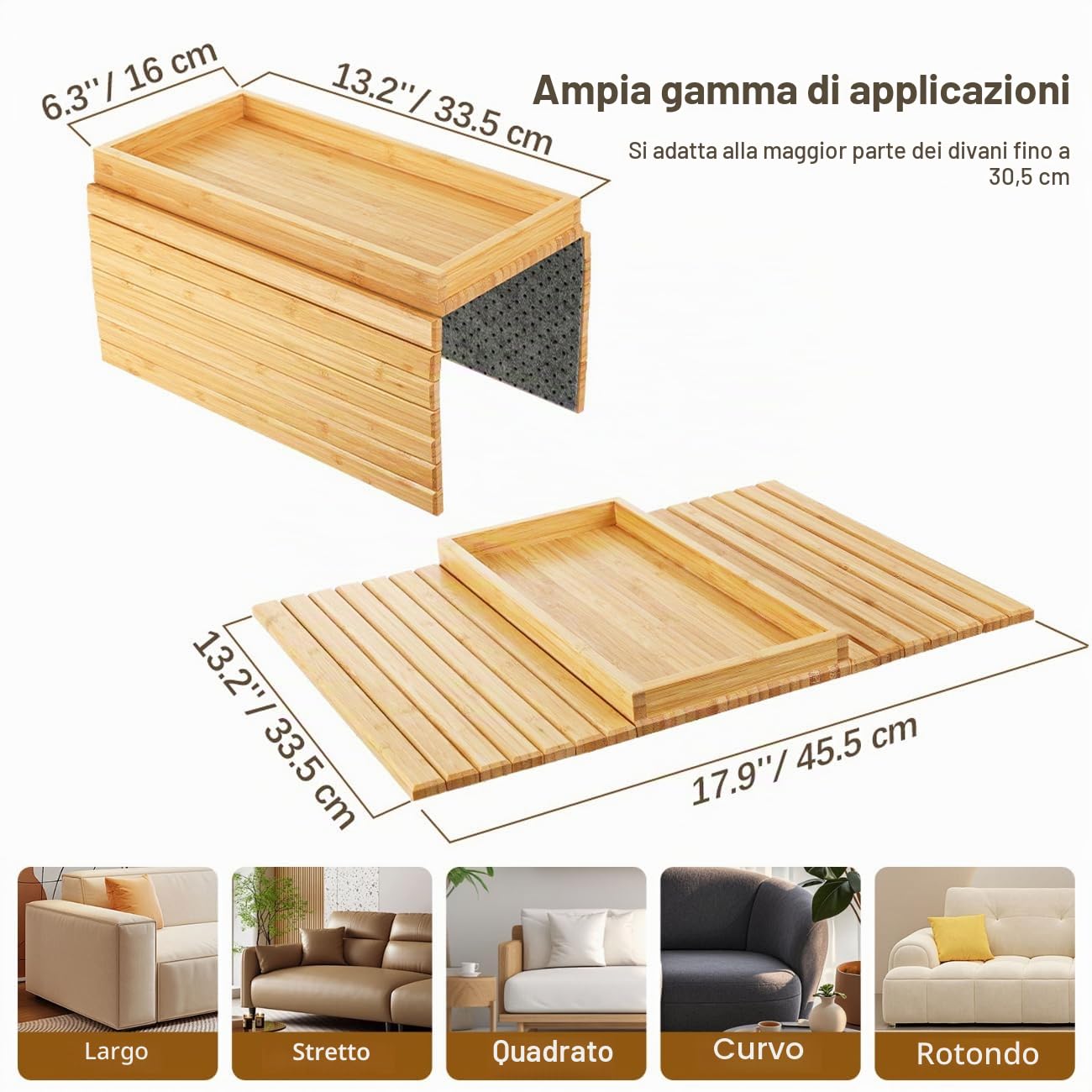 Tavolino da Braccio per Divano, Vassoio da Braccio per Divano in Bambù, Vassoio da Bracciolo per Divano, Vassoio Pieghevole da Tavolo Laterale, per Snack/Telefono/Controllo/Tazze
