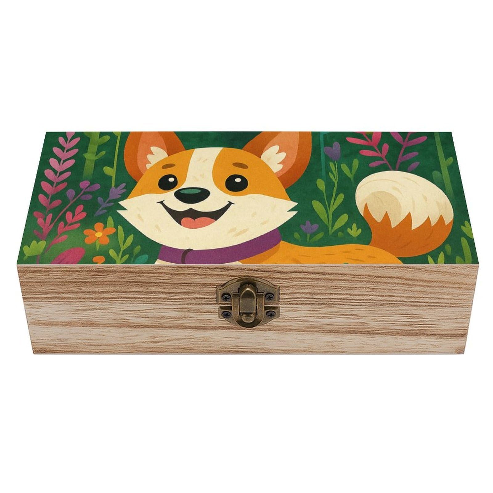 Oudrspo Cartoon Corgi Dog in Wilfloral Retro Wooden Storage Box Keepsake Jewelry Decorative Art Storages Box Gift Boxs