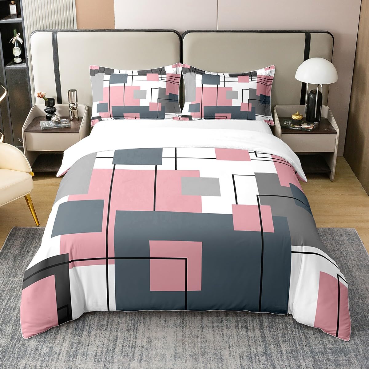 100% Cotton Black White Grey Pink King Bedding Set Geometric Square Comforter Cover for Kids Girls Teen Women Bluish Gray Grid Duvet Cover Modern Abstract Lines Quilt Cover 2 Pillow Cases